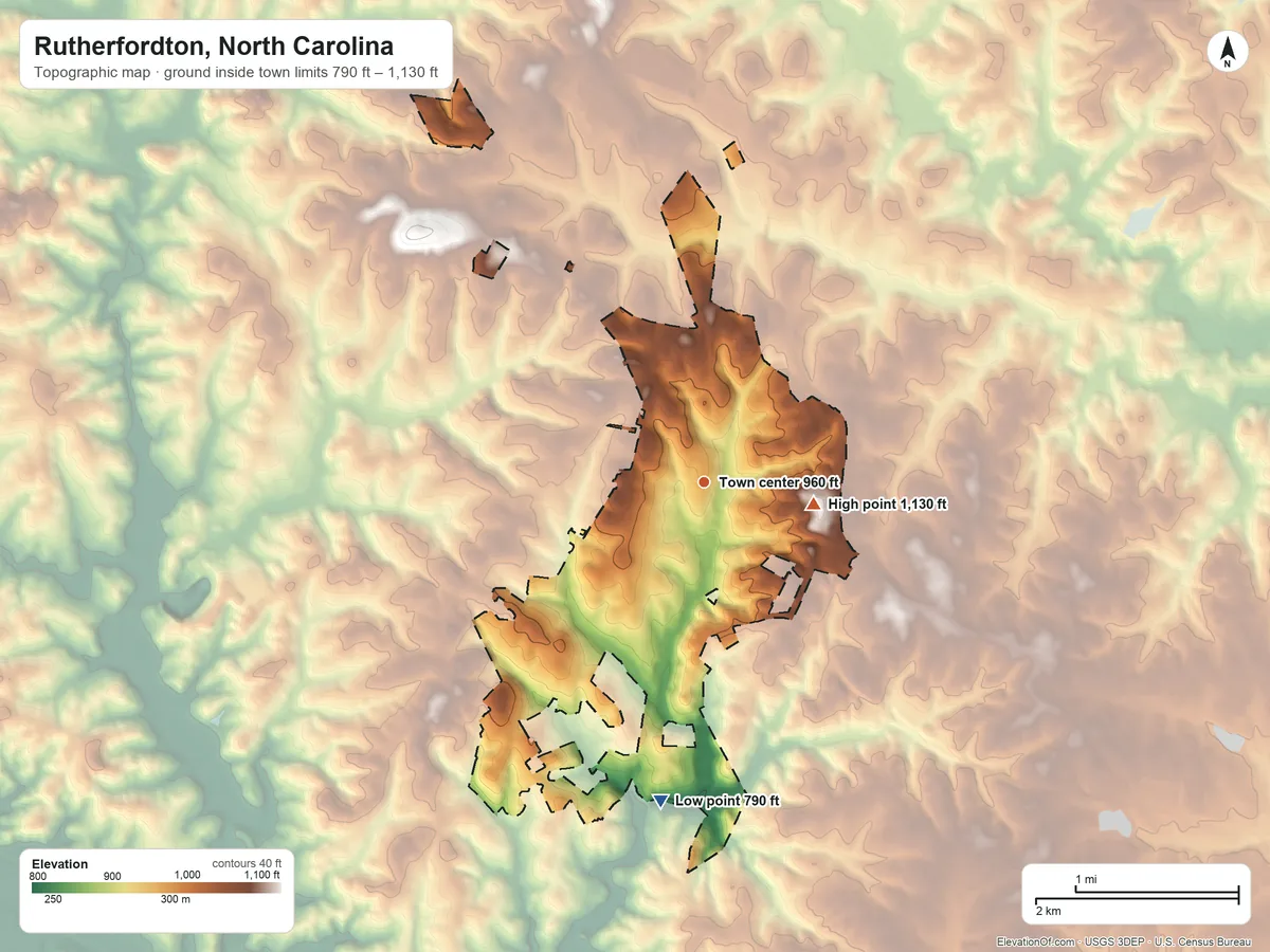 Topographic elevation map of Rutherfordton, North Carolina, shaded from 790 ft on the south side to 1,130 ft on the east side