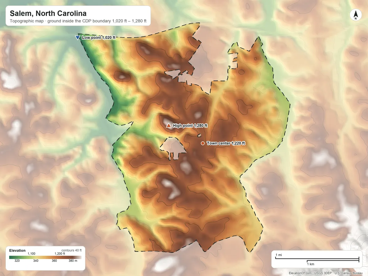 Topographic elevation map of Salem, North Carolina, shaded from 1,020 ft on the northwest side to 1,280 ft on the northwest side