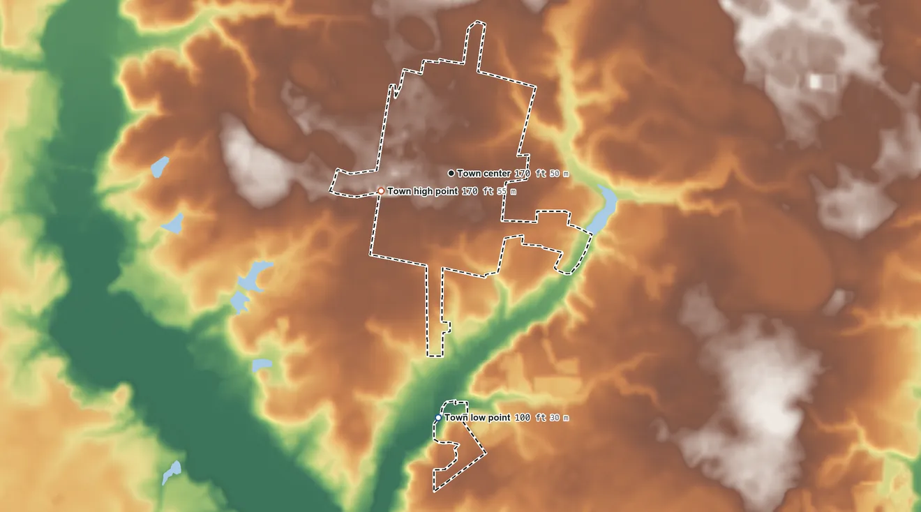 Topographic elevation map of Salemburg, North Carolina, shaded from 100 ft on the south side to 170 ft on the west side