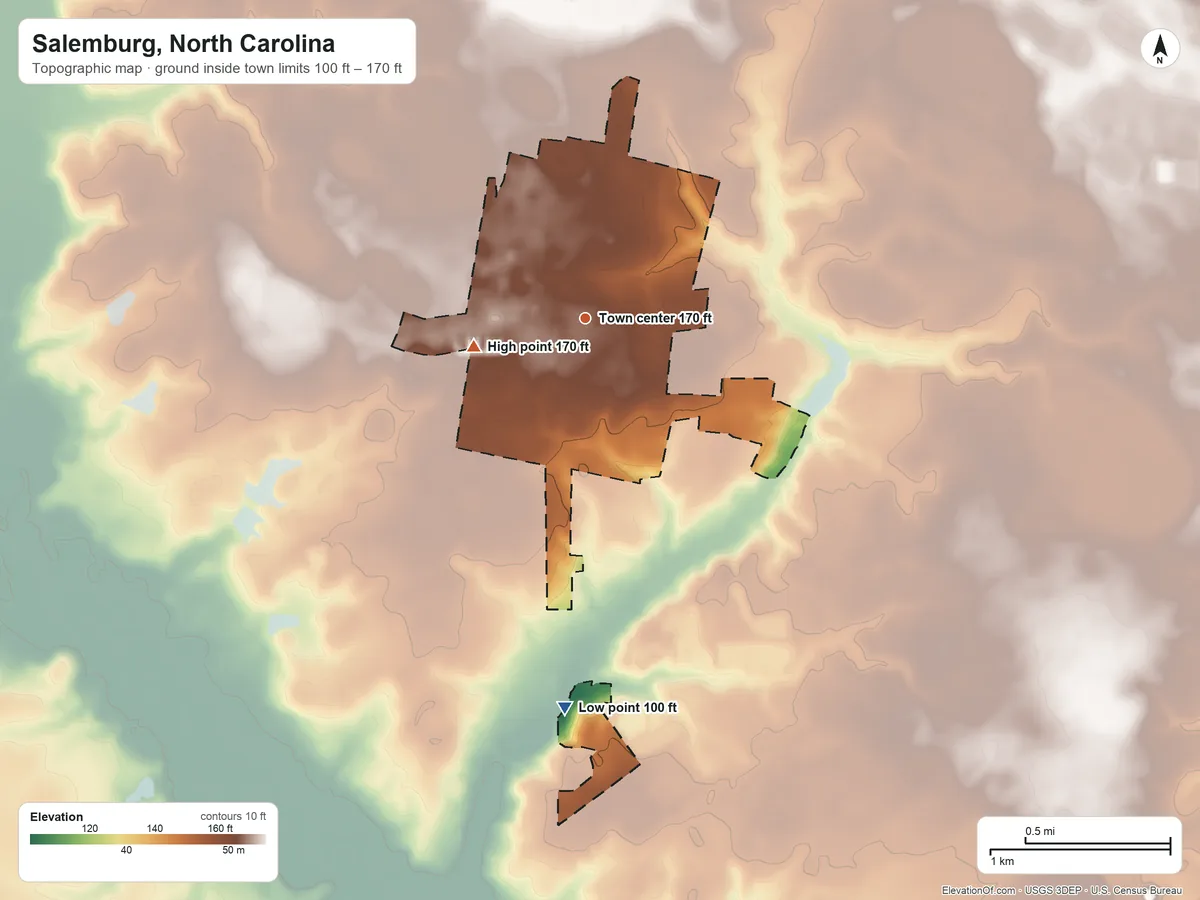 Topographic elevation map of Salemburg, North Carolina, shaded from 100 ft on the south side to 170 ft on the west side