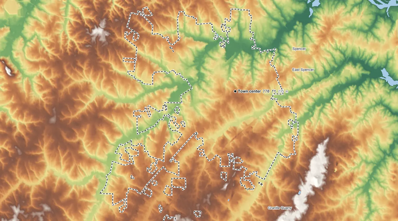 Topographic elevation map of Salisbury, North Carolina, shaded from 630 ft on the north side to 850 ft on the southwest side