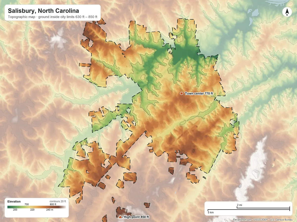 Topographic elevation map of Salisbury, North Carolina, shaded from 630 ft on the north side to 850 ft on the southwest side