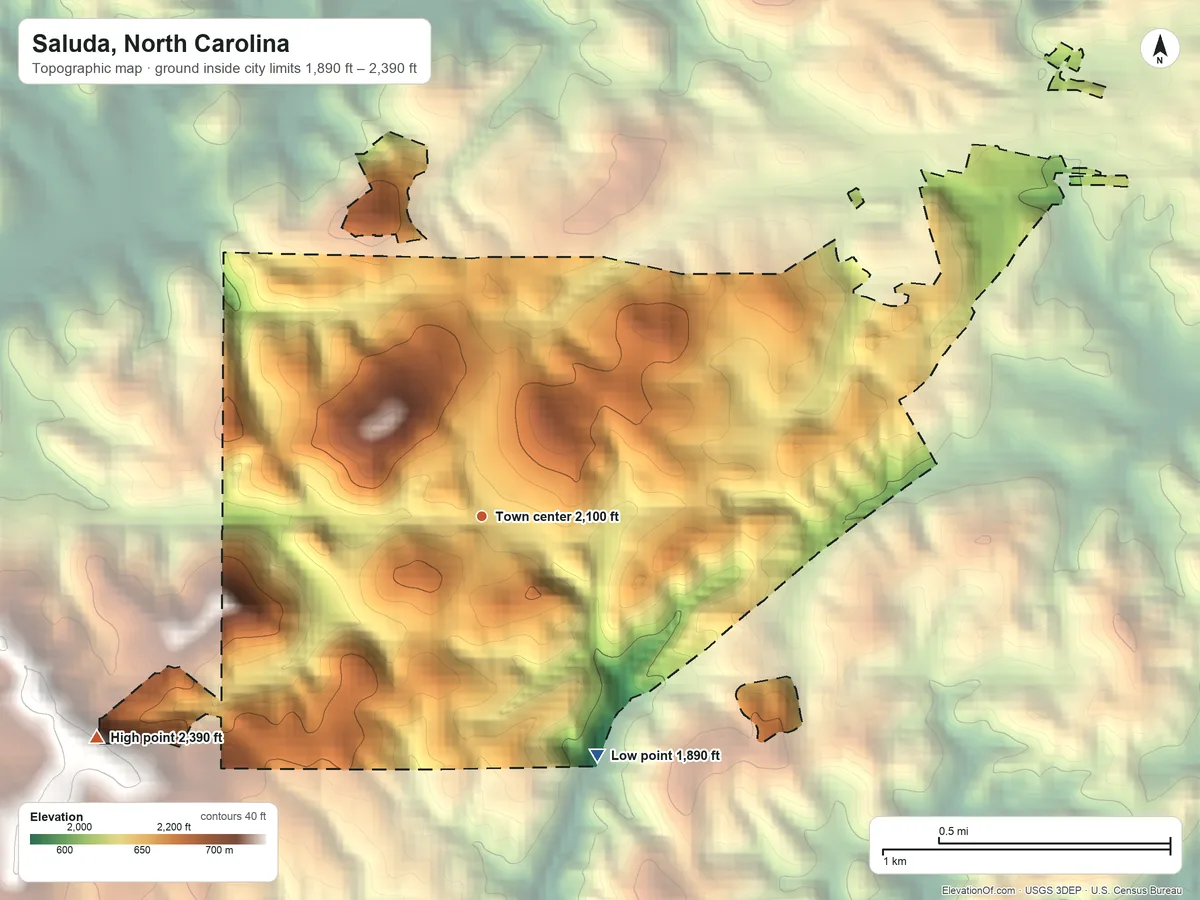 Topographic elevation map of Saluda, North Carolina, shaded from 1,890 ft on the southeast side to 2,390 ft on the southwest side