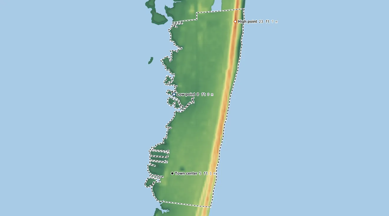 Topographic elevation map of Salvo, North Carolina, shaded from sea level level on Pamlico Sound to 23 ft on the north side