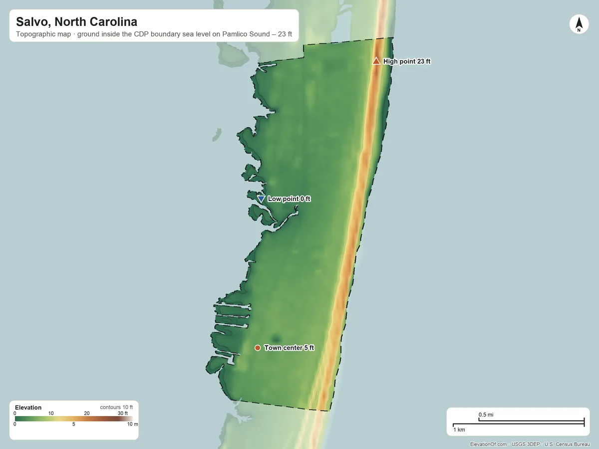 Topographic elevation map of Salvo, North Carolina, shaded from sea level level on Pamlico Sound to 23 ft on the north side
