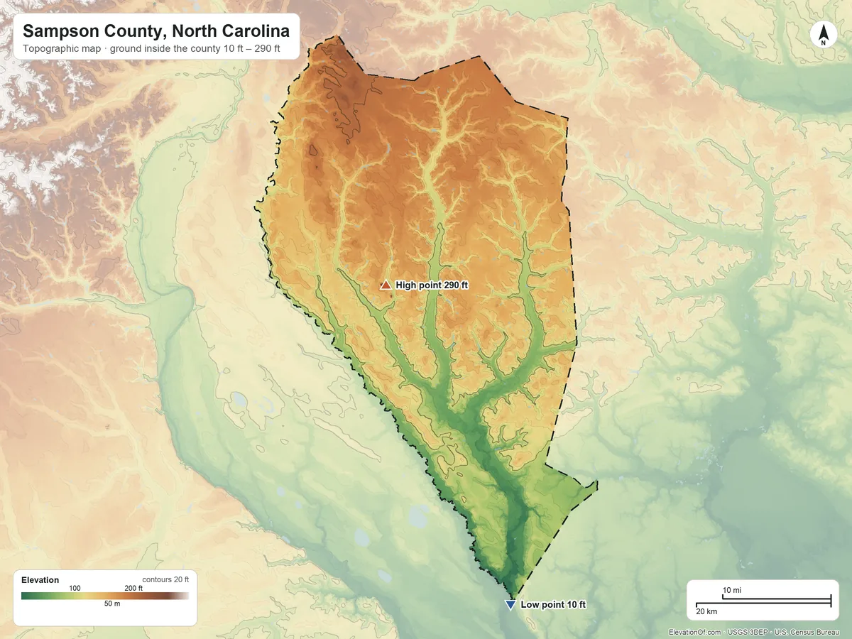 Topographic elevation map of Sampson County, North Carolina, shaded from 10 ft on the south side to 290 ft near the middle
