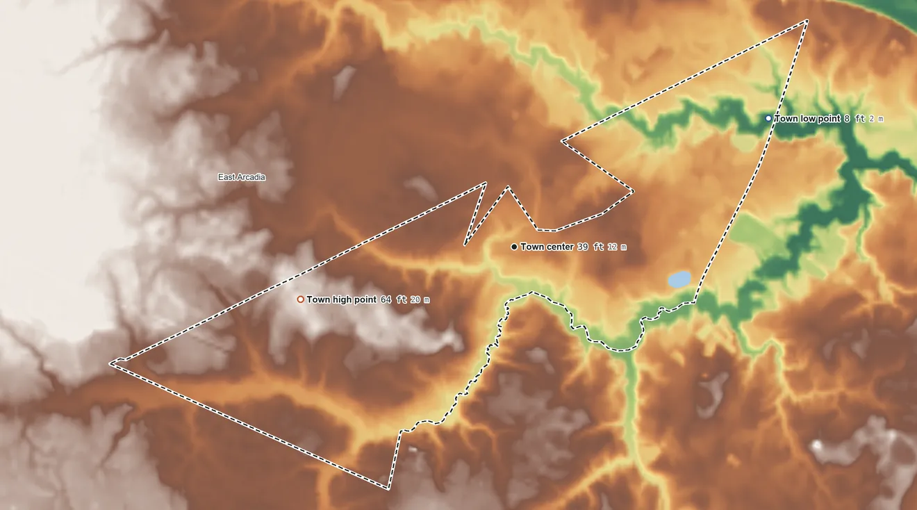 Topographic elevation map of Sandyfield, North Carolina, shaded from 8 ft on the northeast side to 64 ft on the west side