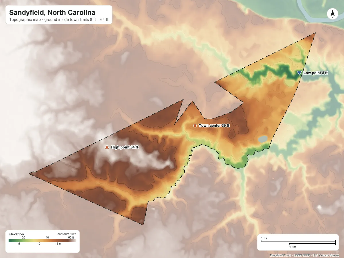 Topographic elevation map of Sandyfield, North Carolina, shaded from 8 ft on the northeast side to 64 ft on the west side