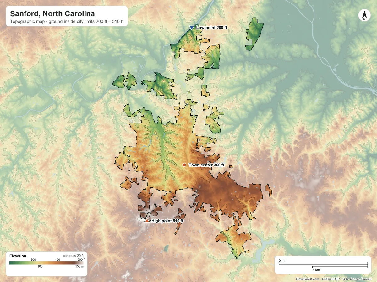 Topographic elevation map of Sanford, North Carolina, shaded from 200 ft on the north side to 510 ft on the southwest side