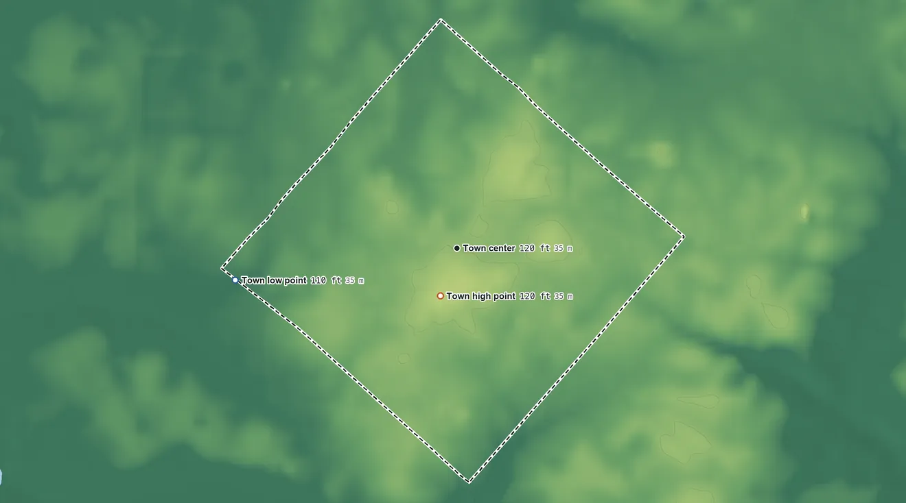 Topographic elevation map of Saratoga, North Carolina, shaded from 110 ft on the west side to 120 ft near the middle