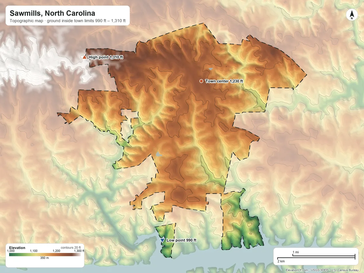 Topographic elevation map of Sawmills, North Carolina, shaded from 990 ft on the south side to 1,310 ft on the west side
