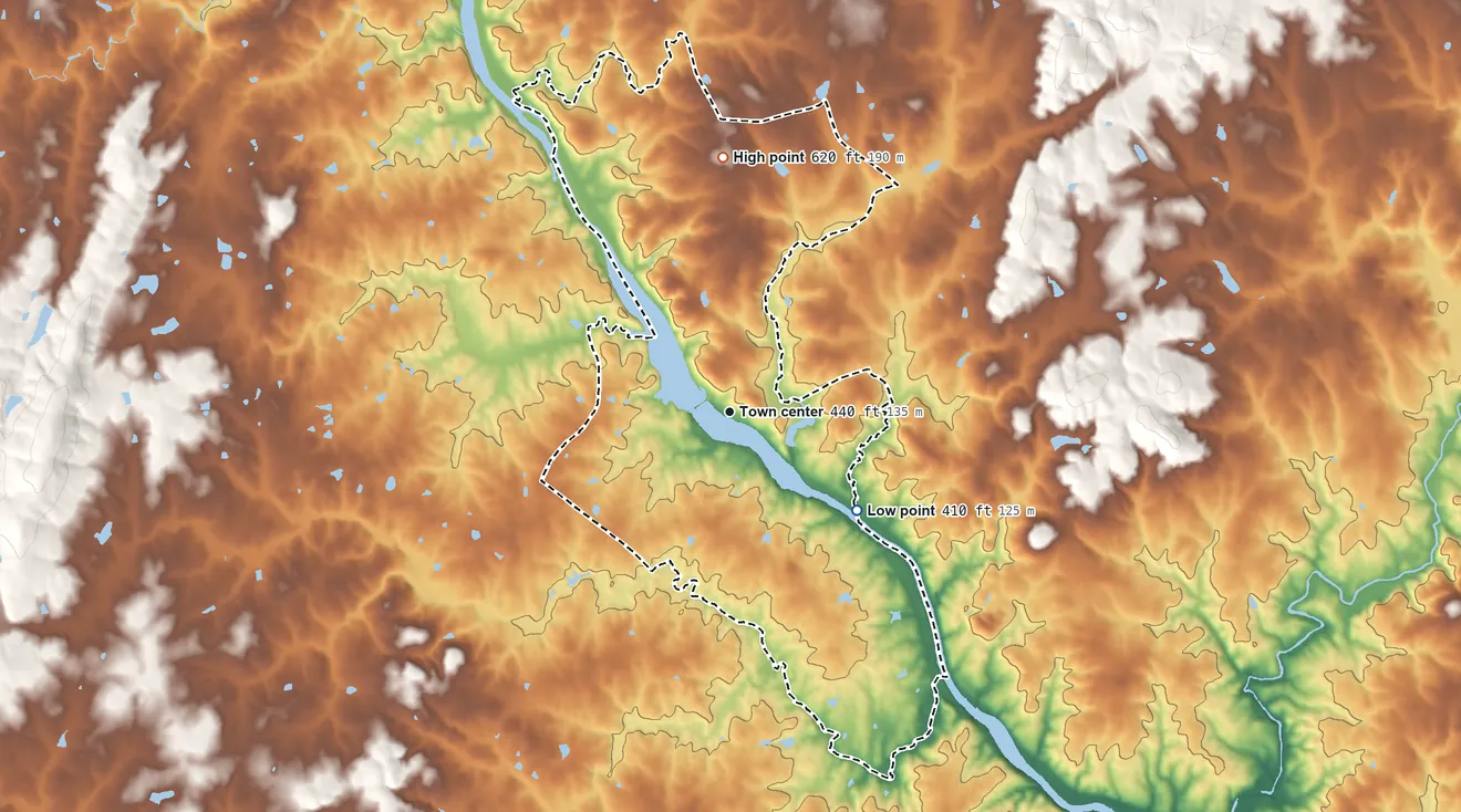 Topographic elevation map of Saxapahaw, North Carolina, shaded from 410 ft on the southeast side to 620 ft on the north side