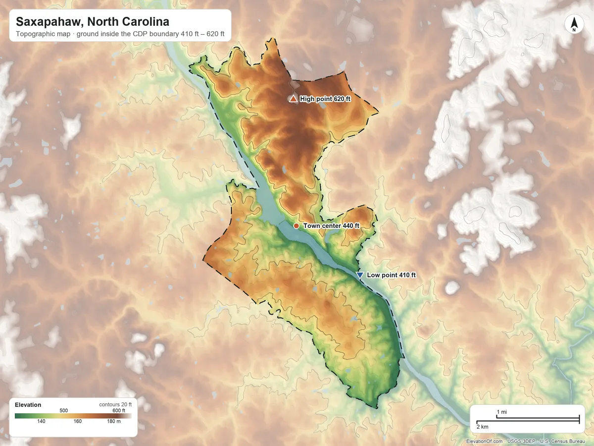 Topographic elevation map of Saxapahaw, North Carolina, shaded from 410 ft on the southeast side to 620 ft on the north side