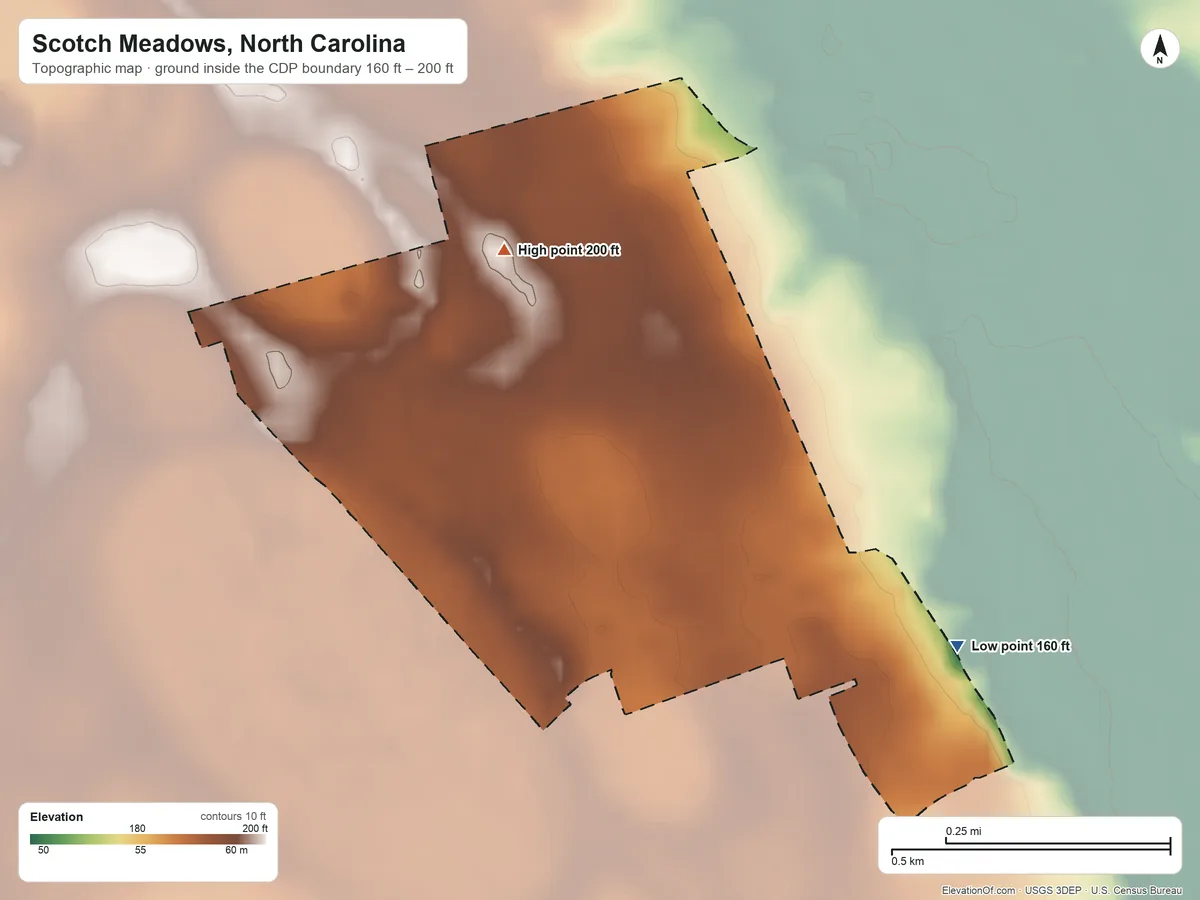 Topographic elevation map of Scotch Meadows, North Carolina, shaded from 160 ft on the southeast side to 200 ft on the northwest side