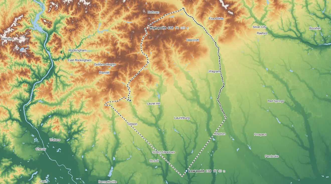 Topographic elevation map of Scotland County, North Carolina, shaded from 130 ft on the south side to 480 ft on the north side