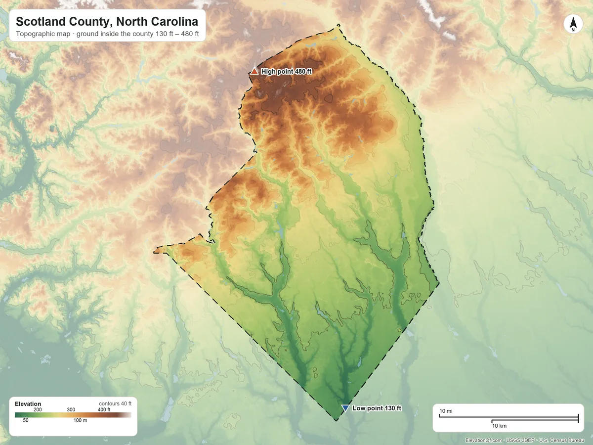 Topographic elevation map of Scotland County, North Carolina, shaded from 130 ft on the south side to 480 ft on the north side