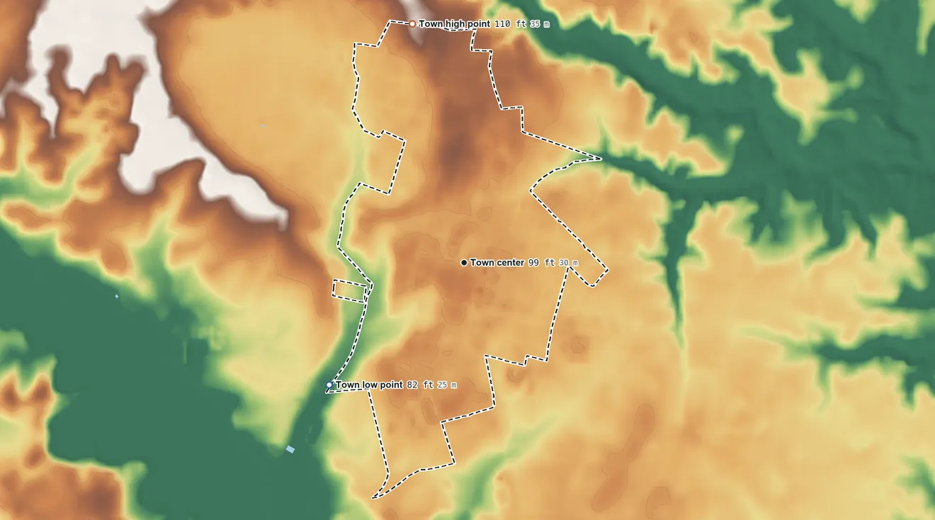 Topographic elevation map of Scotland Neck, North Carolina, shaded from 82 ft on the southwest side to 110 ft on the north side