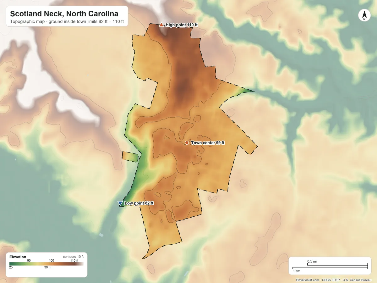 Topographic elevation map of Scotland Neck, North Carolina, shaded from 82 ft on the southwest side to 110 ft on the north side