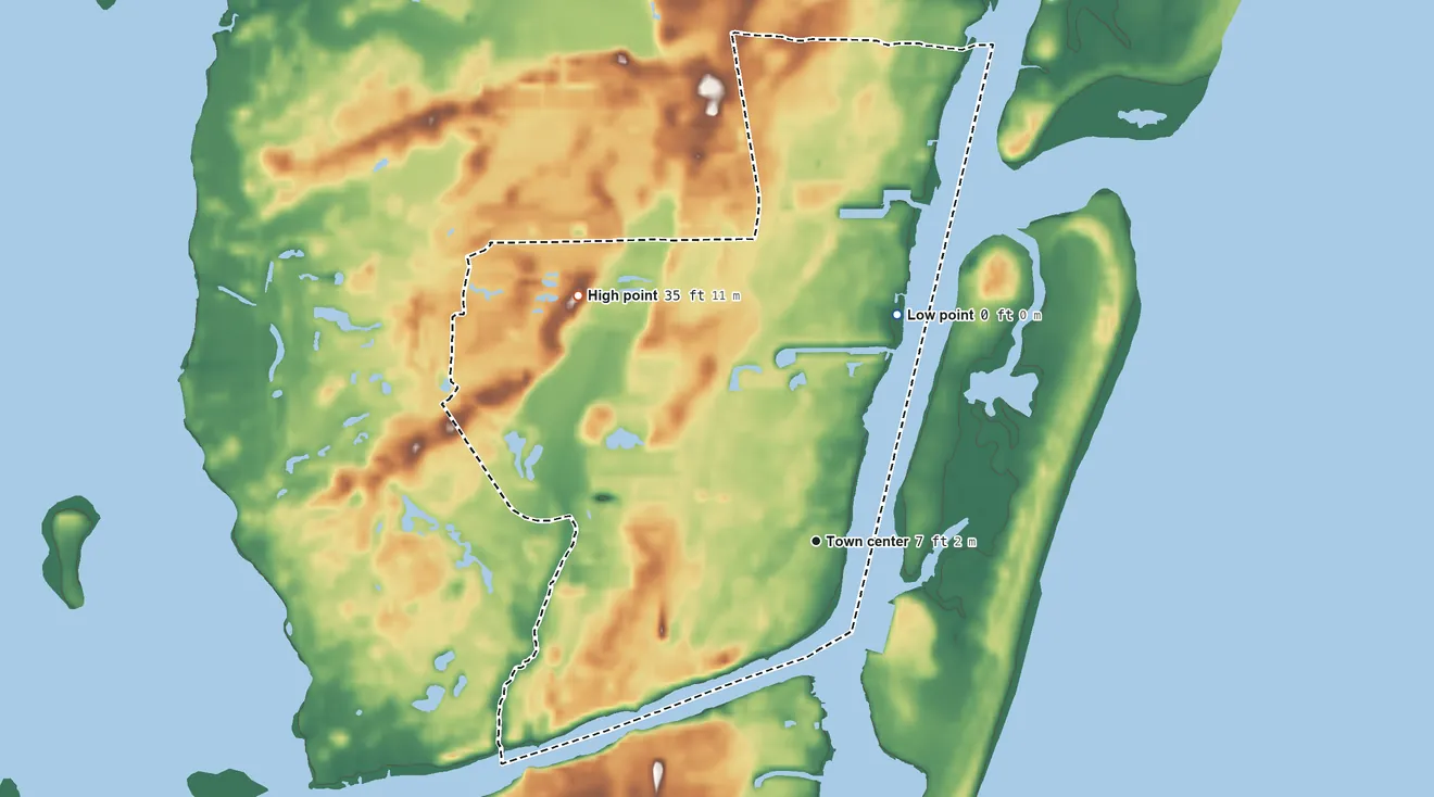 Topographic elevation map of Sea Breeze, North Carolina, shaded from sea level level on Myrtle Grove Sound to 35 ft on the northwest side