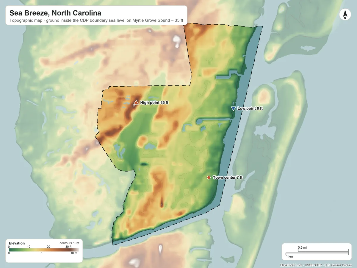Topographic elevation map of Sea Breeze, North Carolina, shaded from sea level level on Myrtle Grove Sound to 35 ft on the northwest side