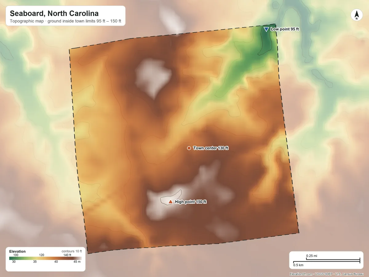 Topographic elevation map of Seaboard, North Carolina, shaded from 95 ft on the northeast side to 150 ft on the south side