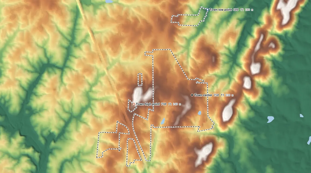 Topographic elevation map of Seagrove, North Carolina, shaded from 600 ft on the north side to 790 ft on the west side