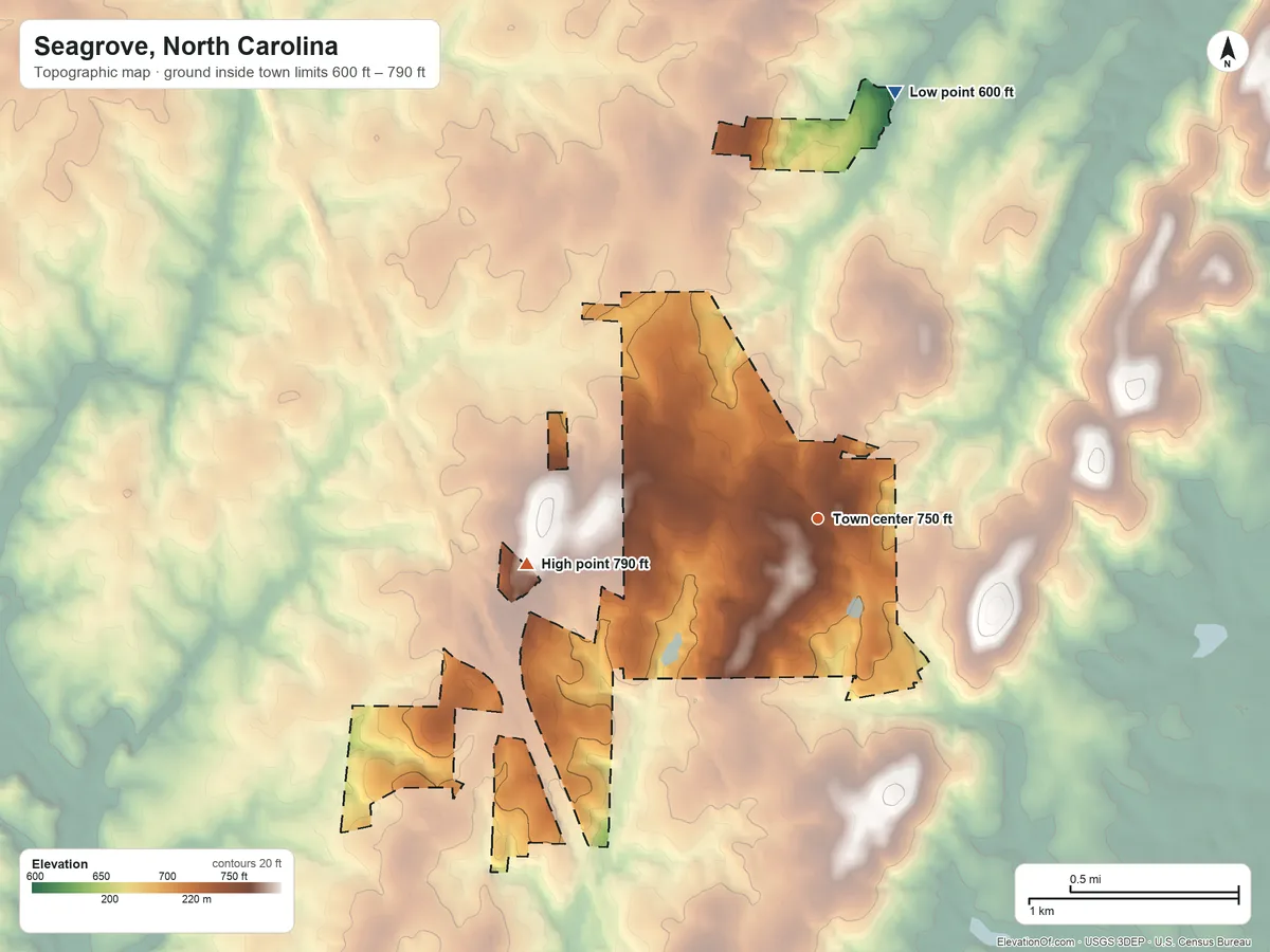 Topographic elevation map of Seagrove, North Carolina, shaded from 600 ft on the north side to 790 ft on the west side