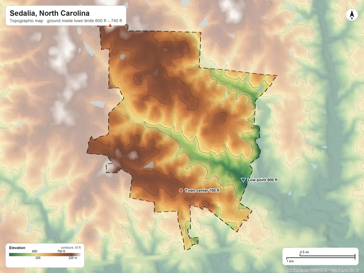 Topographic elevation map of Sedalia, North Carolina, shaded from 600 ft on the east side to 740 ft on the northwest side
