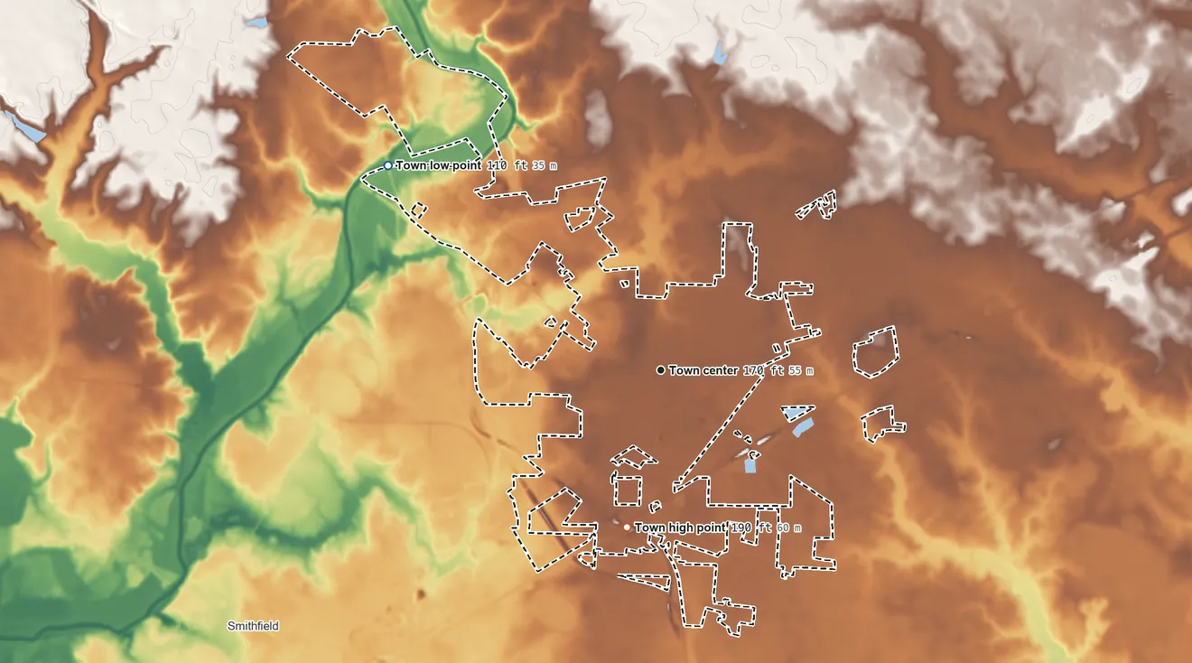 Topographic elevation map of Selma, North Carolina, shaded from 110 ft on the northwest side to 190 ft on the south side