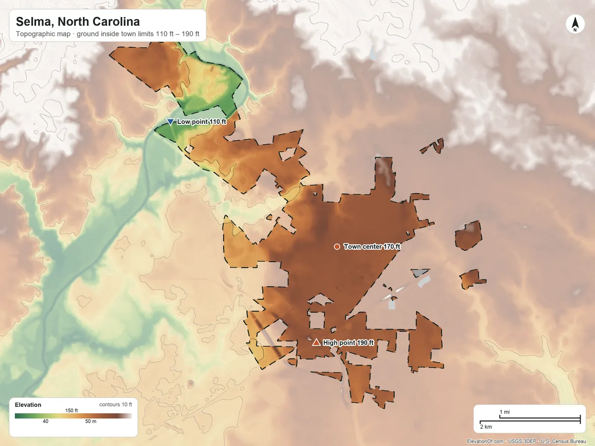 Topographic elevation map of Selma, North Carolina, shaded from 110 ft on the northwest side to 190 ft on the south side
