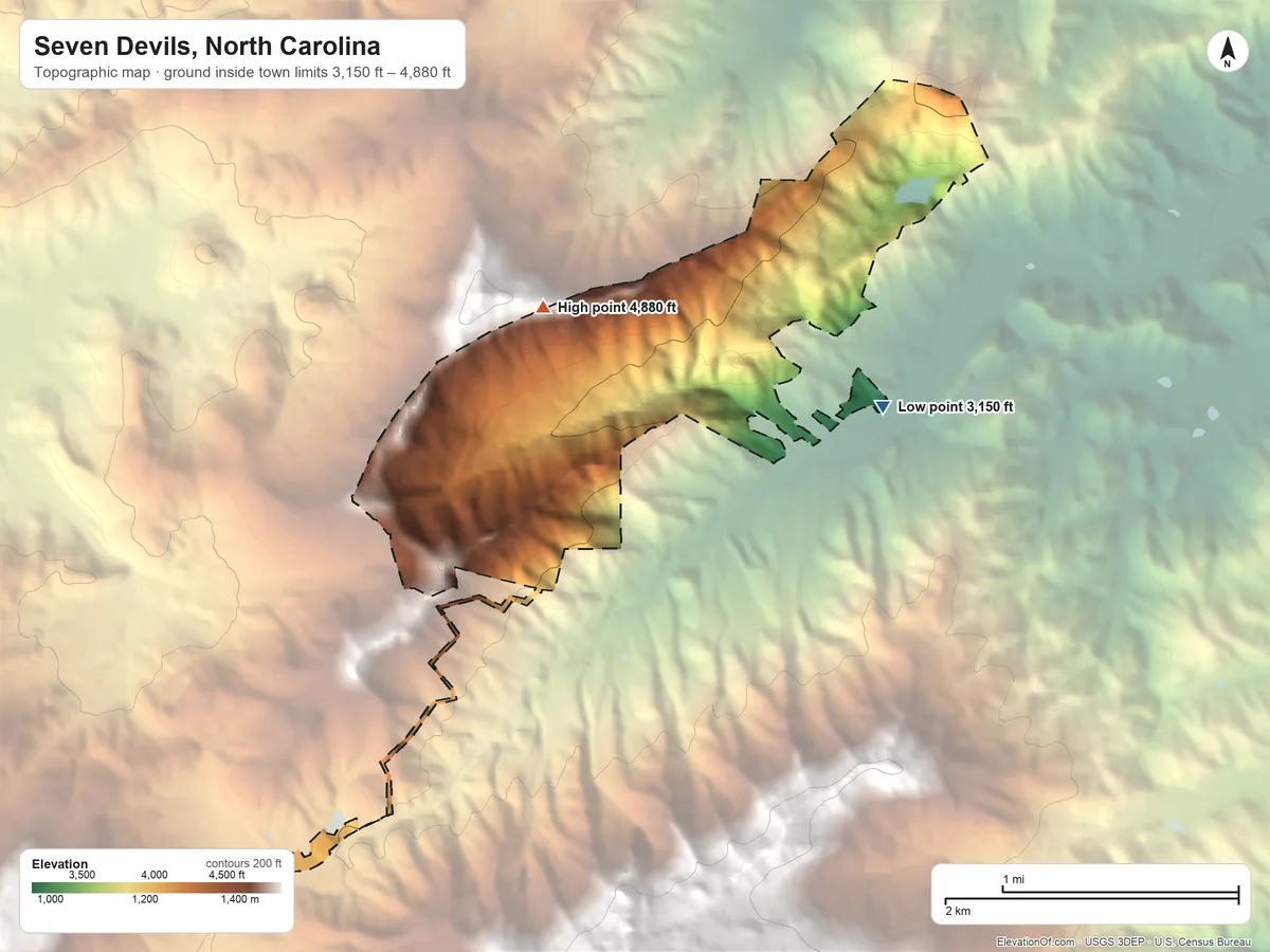 Topographic elevation map of Seven Devils, North Carolina, shaded from 3,150 ft on the southeast side to 4,880 ft on the west side