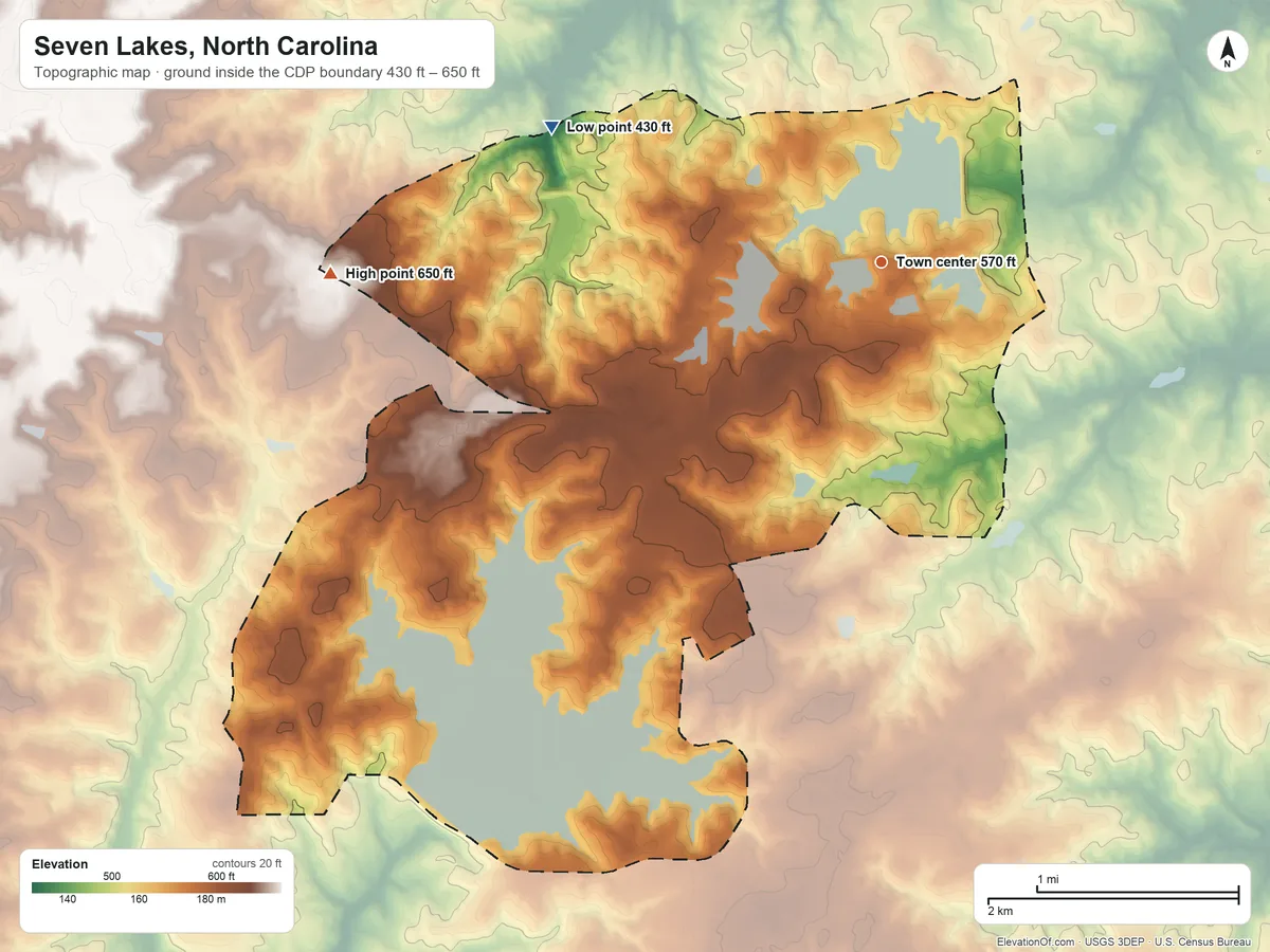 Topographic elevation map of Seven Lakes, North Carolina, shaded from 430 ft on the west side to 650 ft on the west side