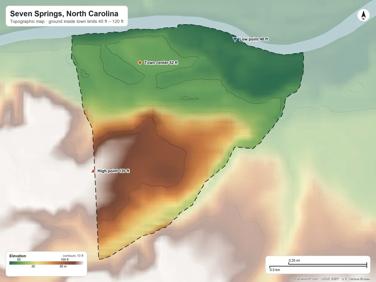 Topographic elevation map of Seven Springs, North Carolina, shaded from 40 ft on the east side to 120 ft on the southwest side