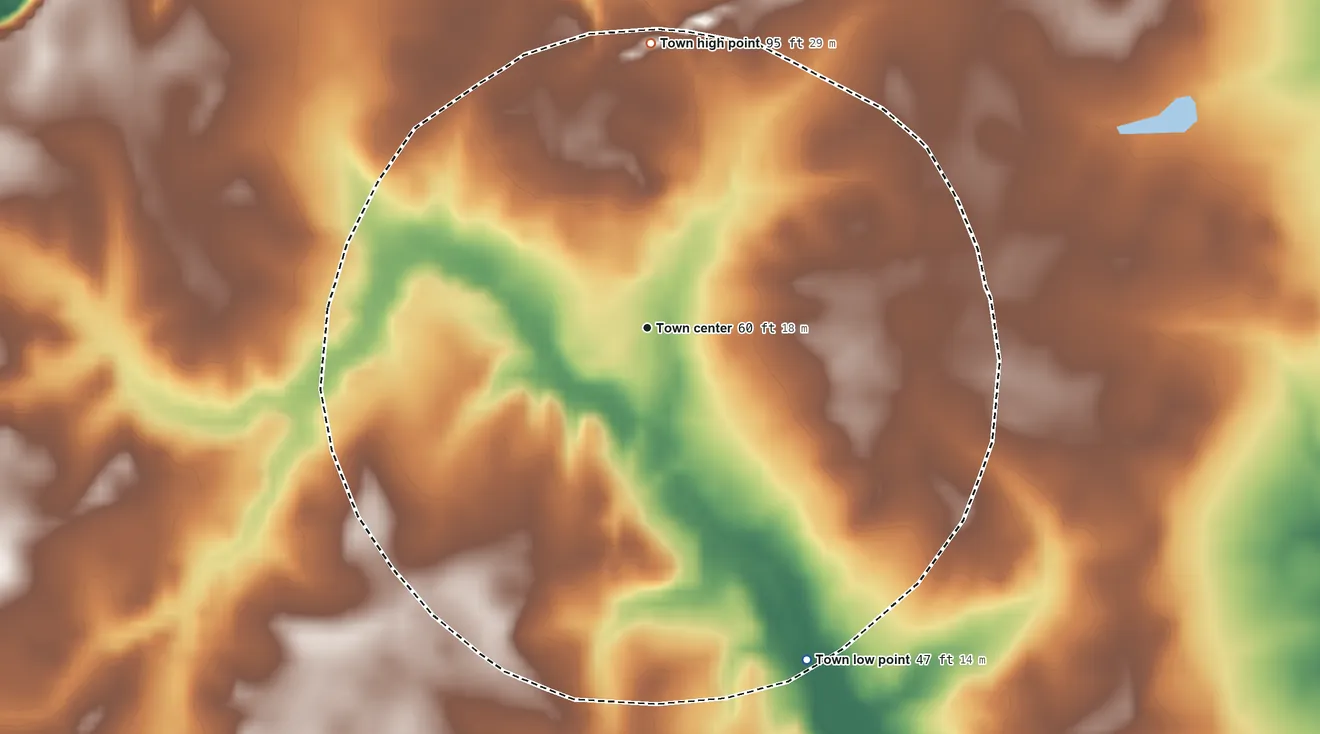 Topographic elevation map of Severn, North Carolina, shaded from 47 ft on the southeast side to 95 ft on the north side