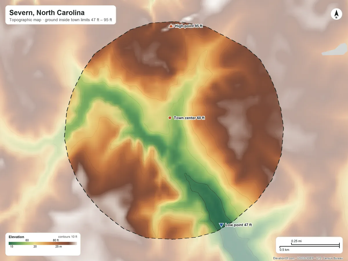Topographic elevation map of Severn, North Carolina, shaded from 47 ft on the southeast side to 95 ft on the north side