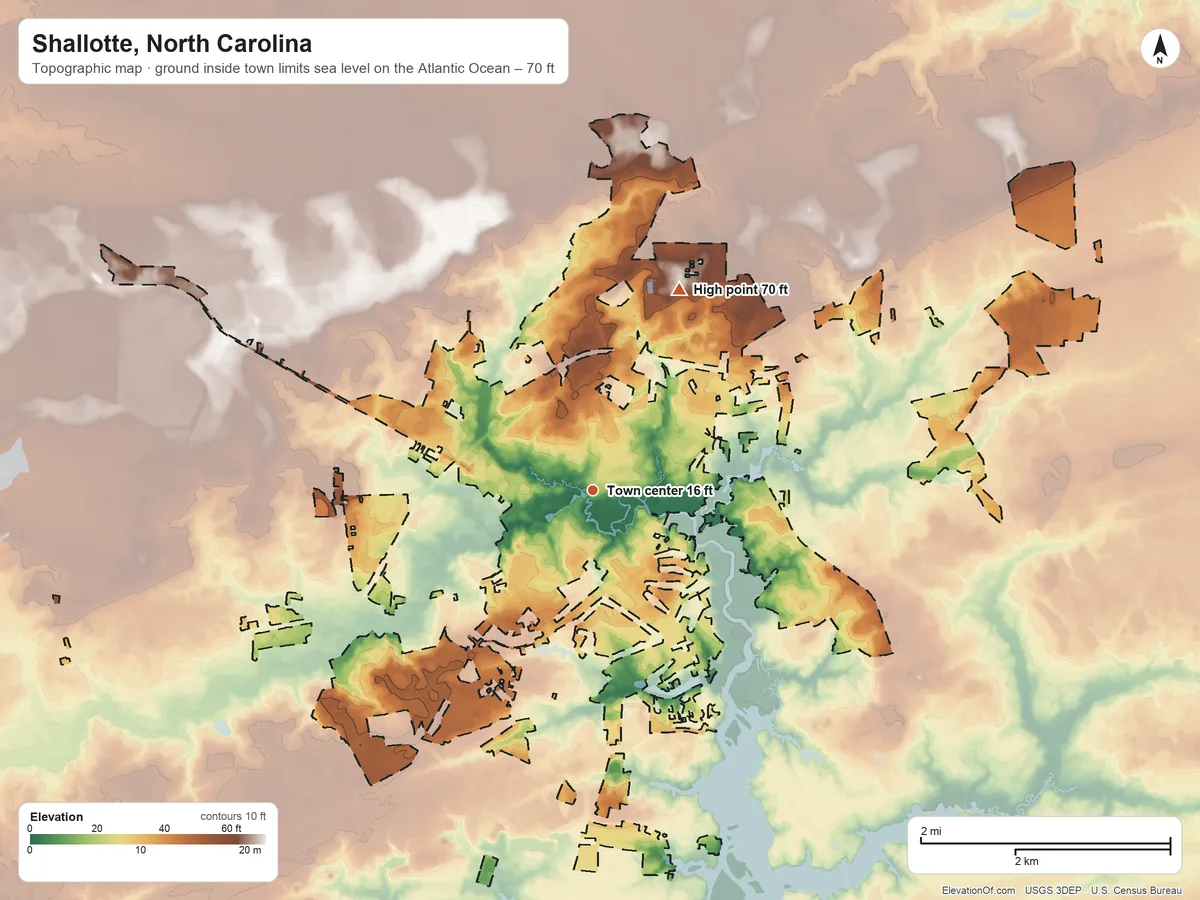 Topographic elevation map of Shallotte, North Carolina, shaded from sea level level on the Atlantic Ocean to 70 ft on the northeast side