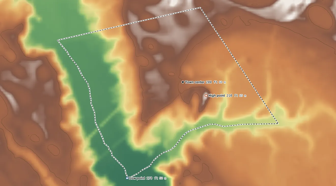 Topographic elevation map of Shannon, North Carolina, shaded from 170 ft on the southwest side to 210 ft near the middle