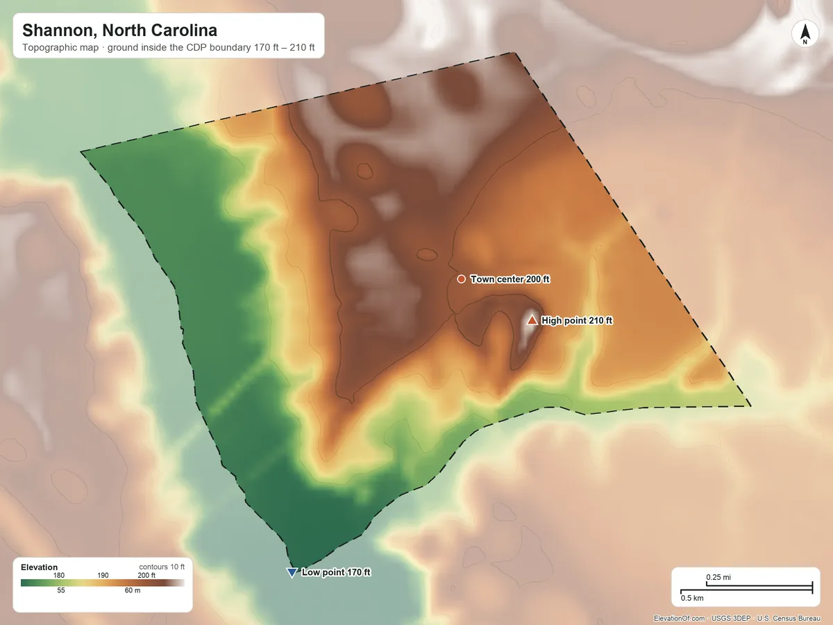 Topographic elevation map of Shannon, North Carolina, shaded from 170 ft on the southwest side to 210 ft near the middle