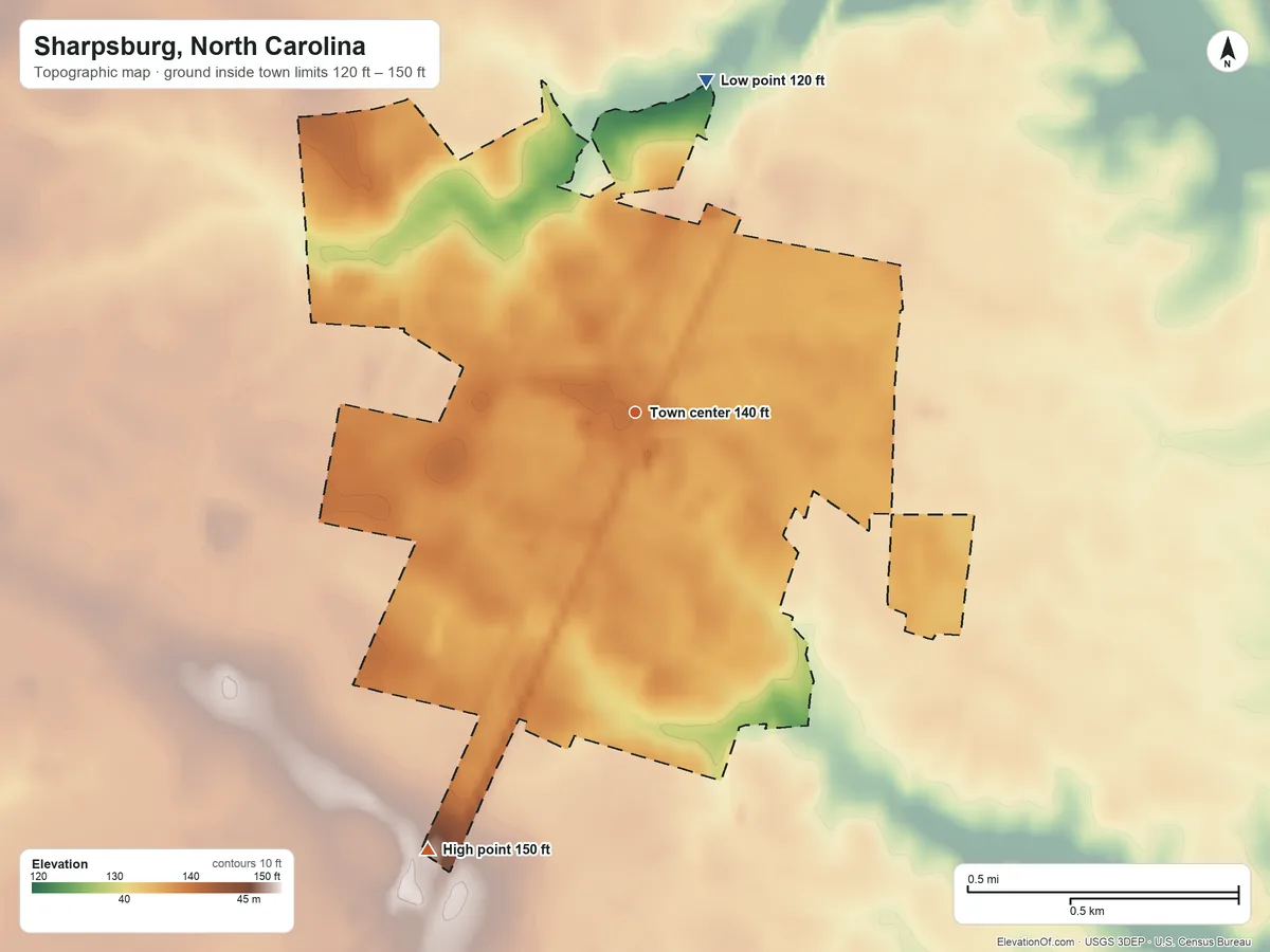 Topographic elevation map of Sharpsburg, North Carolina, shaded from 120 ft on the north side to 150 ft on the southwest side