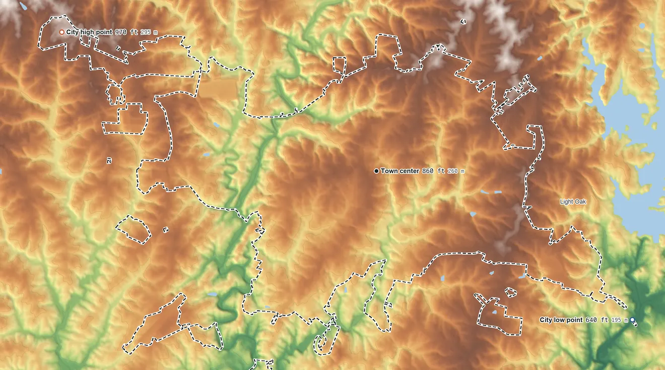 Topographic elevation map of Shelby, North Carolina, shaded from 640 ft on the southeast side to 970 ft on the northwest side