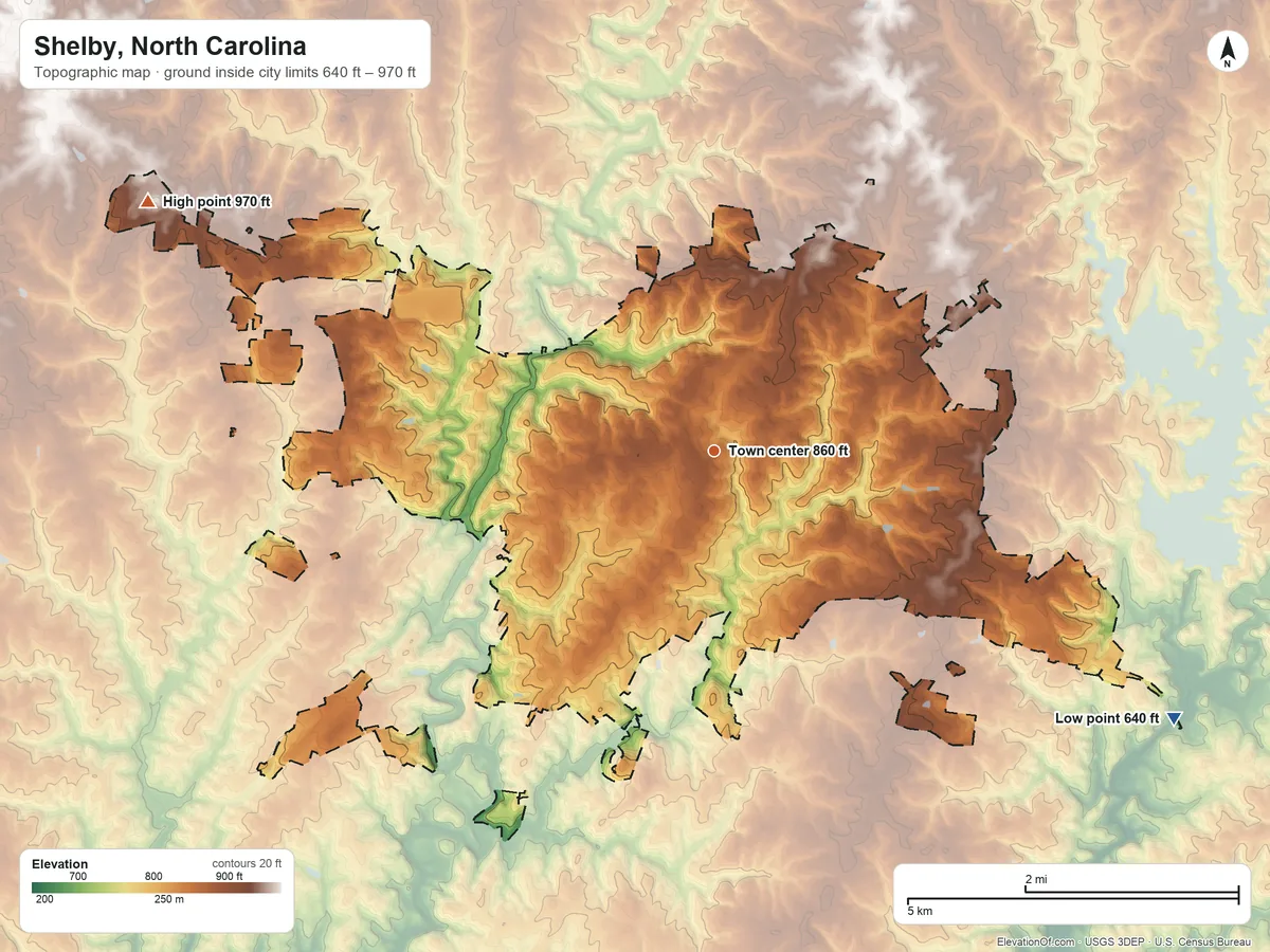 Topographic elevation map of Shelby, North Carolina, shaded from 640 ft on the southeast side to 970 ft on the northwest side