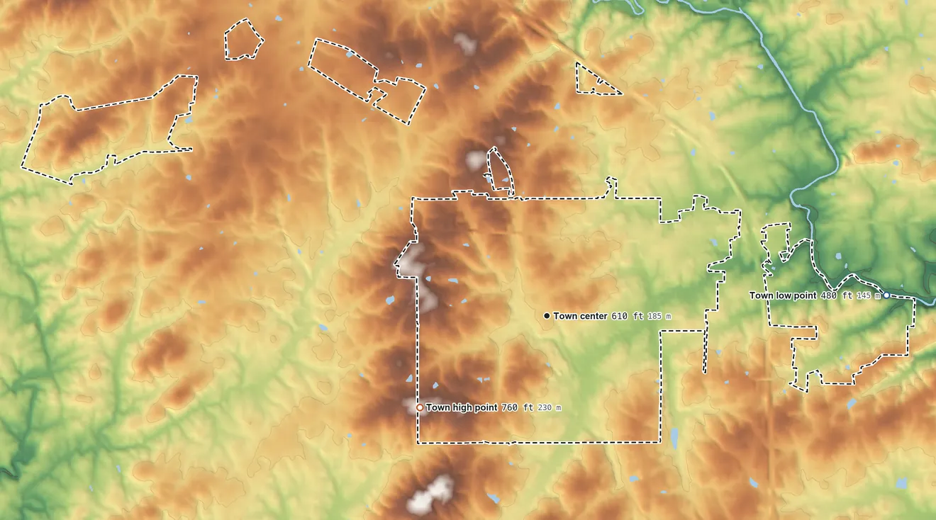 Topographic elevation map of Siler City, North Carolina, shaded from 480 ft on the east side to 760 ft on the southwest side
