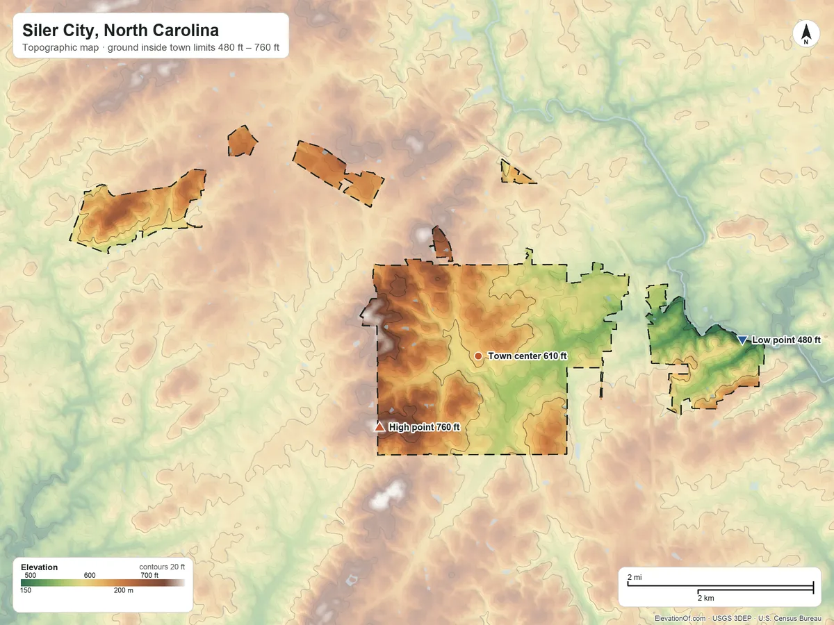 Topographic elevation map of Siler City, North Carolina, shaded from 480 ft on the east side to 760 ft on the southwest side
