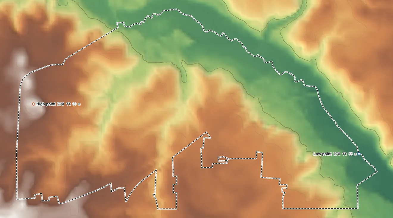 Topographic elevation map of Silver City, North Carolina, shaded from 170 ft on the east side to 290 ft on the west side