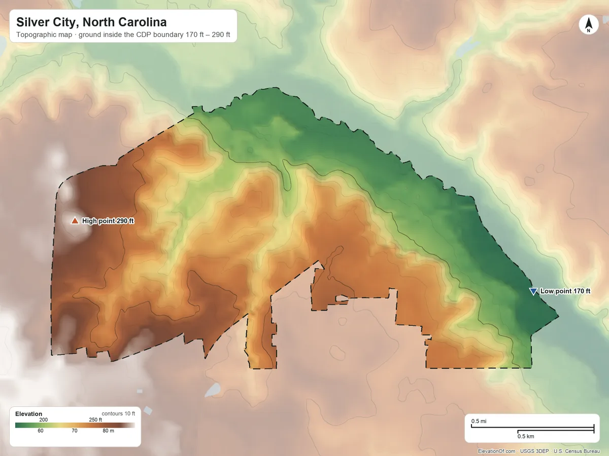 Topographic elevation map of Silver City, North Carolina, shaded from 170 ft on the east side to 290 ft on the west side