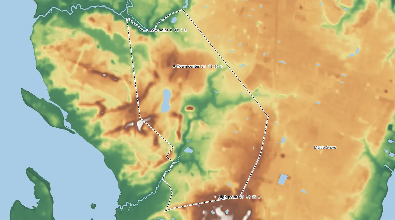 Topographic elevation map of Silver Lake, North Carolina, shaded from 0 ft on the northwest side to 49 ft on the south side
