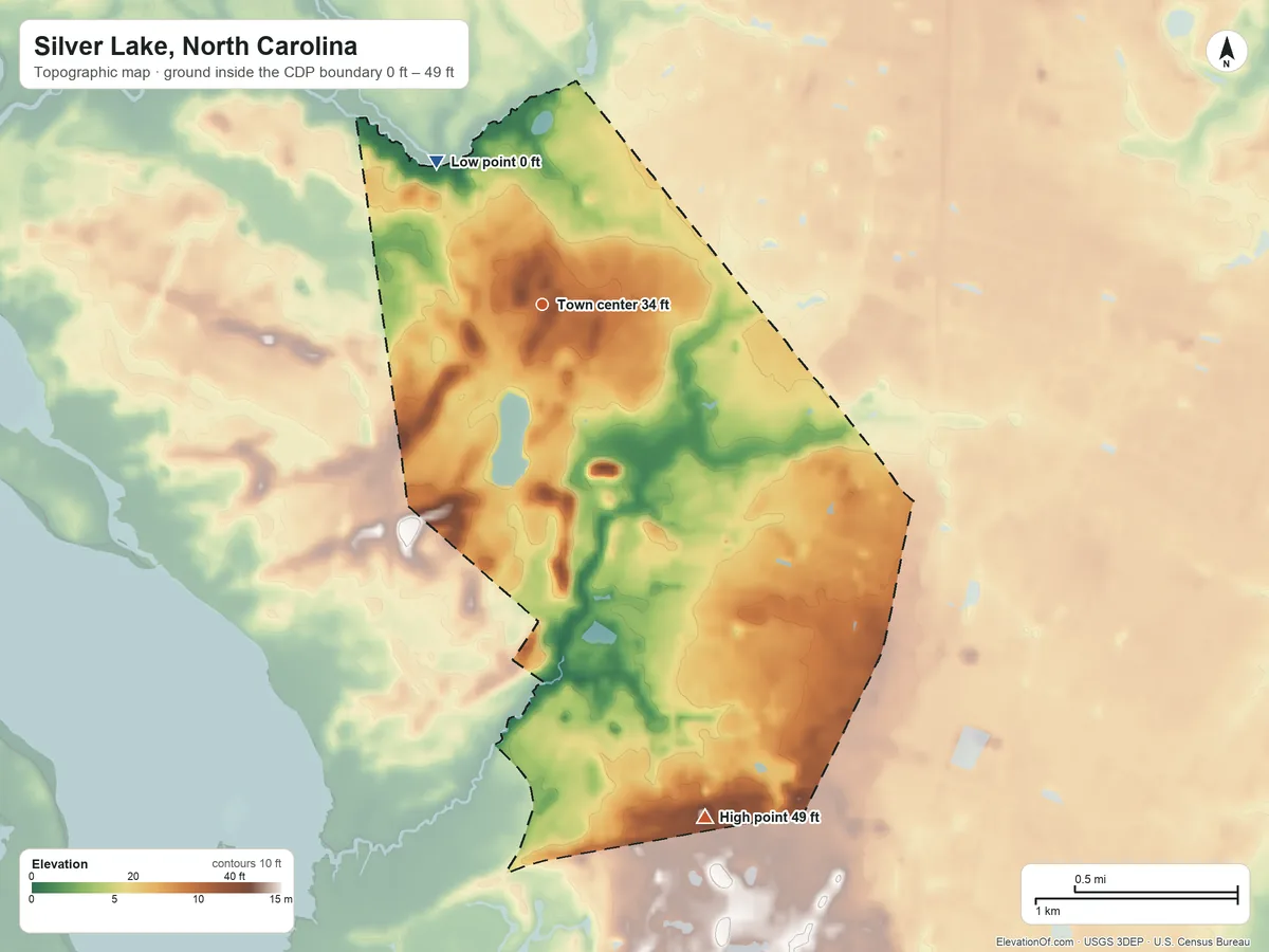 Topographic elevation map of Silver Lake, North Carolina, shaded from 0 ft on the northwest side to 49 ft on the south side