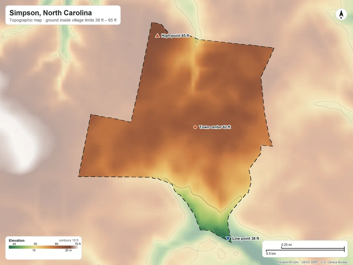 Topographic elevation map of Simpson, North Carolina, shaded from 38 ft on the south side to 65 ft on the northwest side