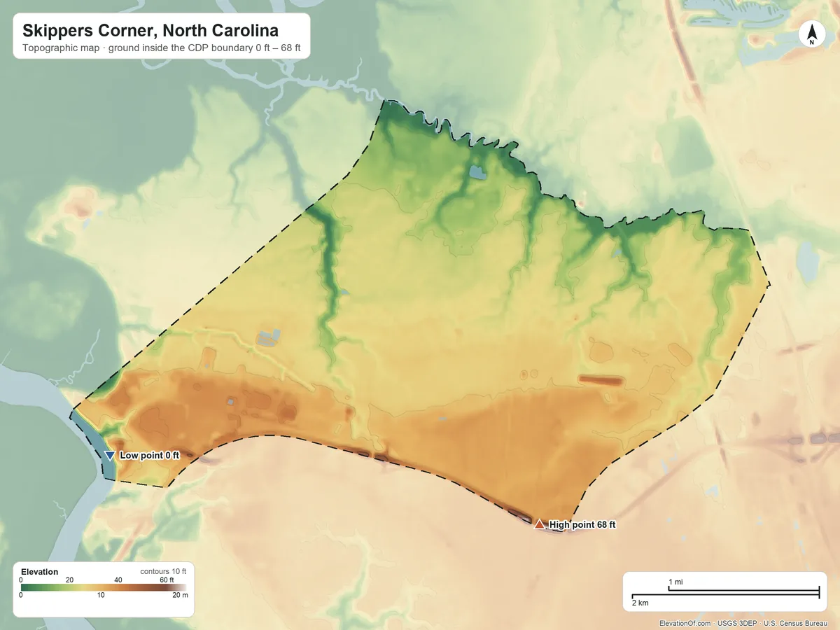 Topographic elevation map of Skippers Corner, North Carolina, shaded from 0 ft on the west side to 68 ft on the south side