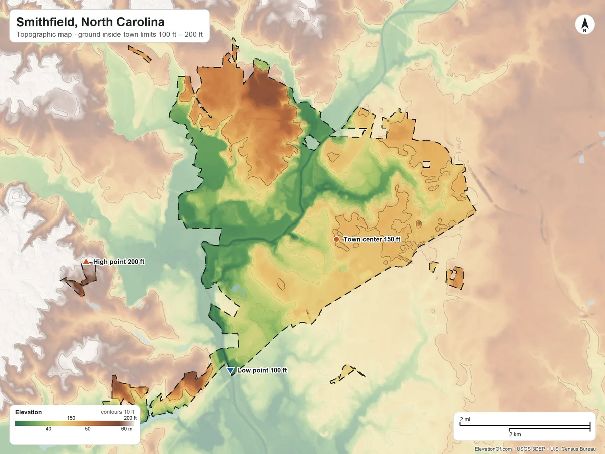Topographic elevation map of Smithfield, North Carolina, shaded from 100 ft on the southwest side to 200 ft on the west side